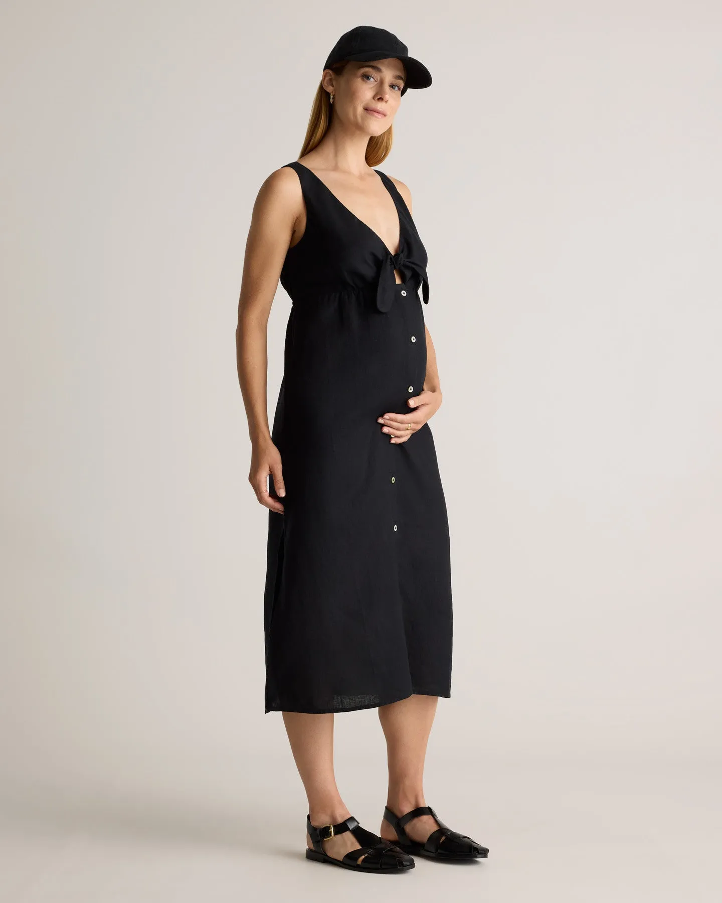 100% European Linen Maternity & Nursing Tie Front Midi Dress