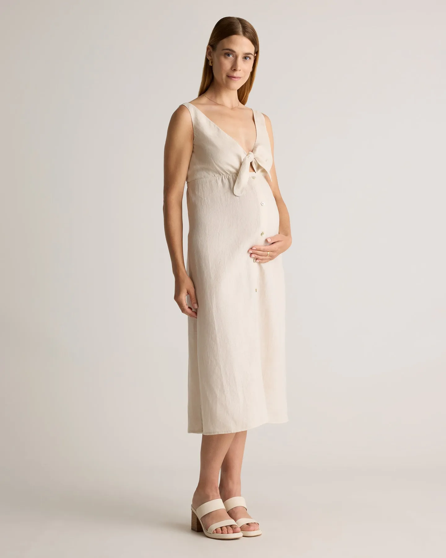 100% European Linen Maternity & Nursing Tie Front Midi Dress