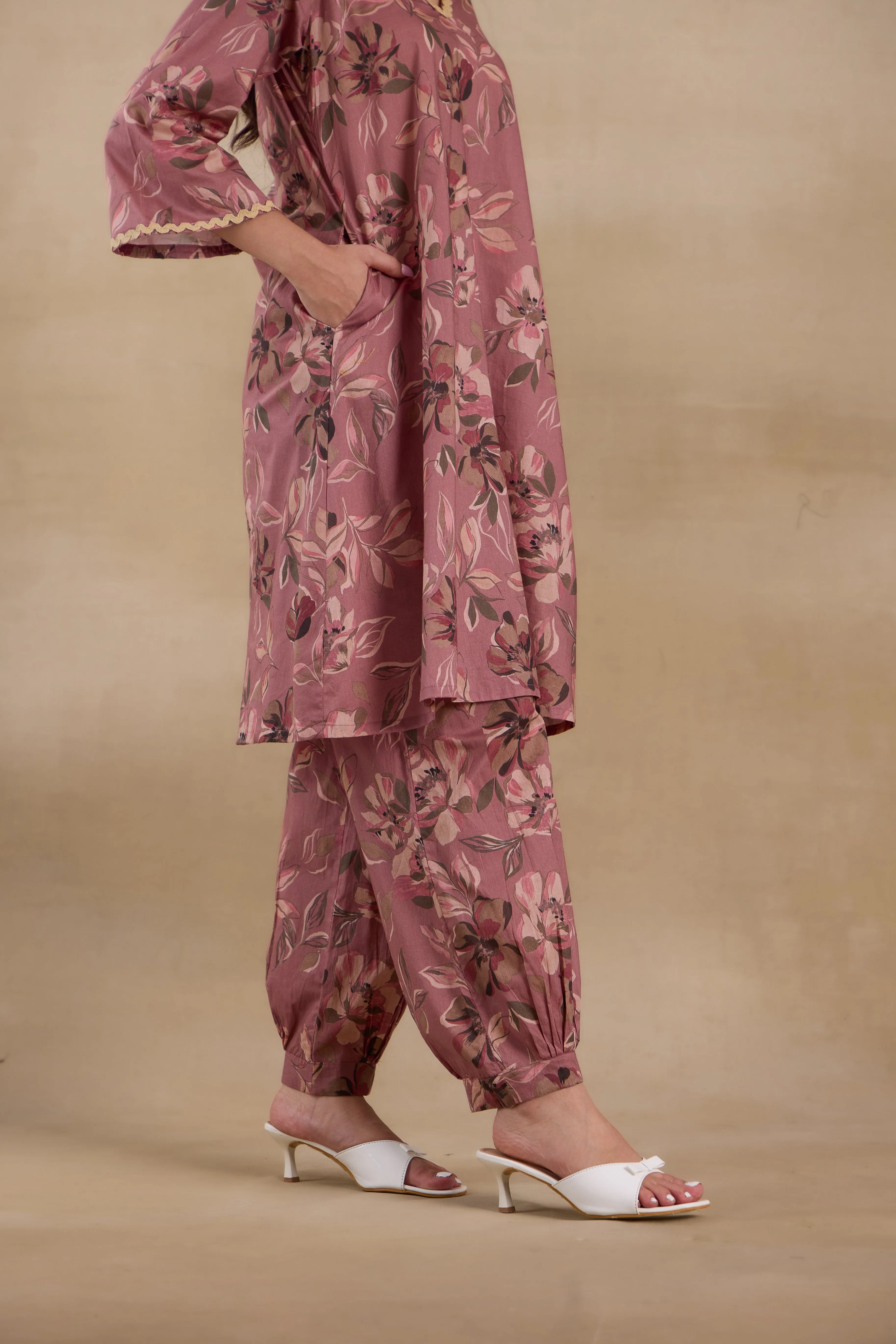 Alaya Premium Cotton Pink Floral Kurta Set