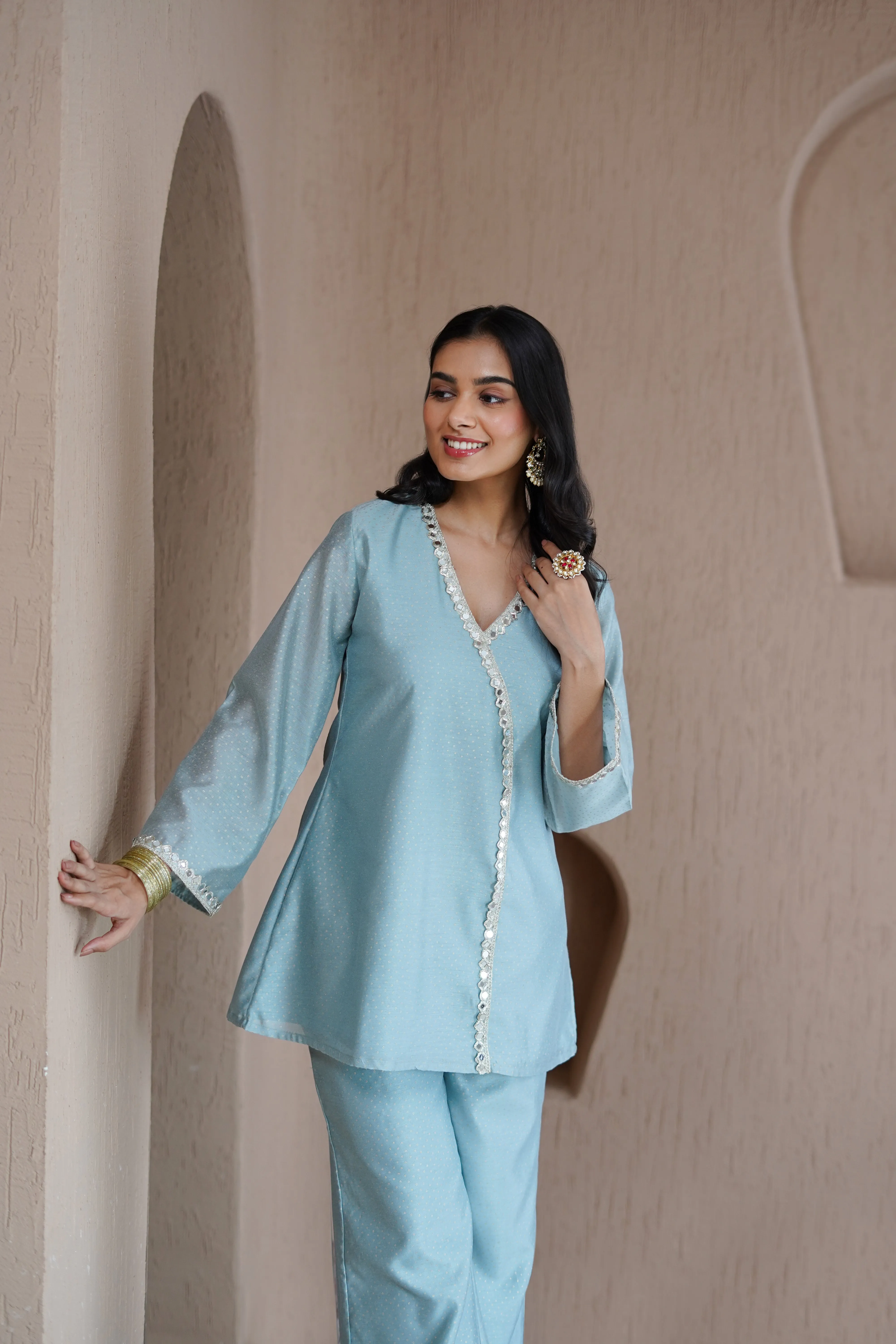 Alaya Resham Blue V-Neck Kurta Set