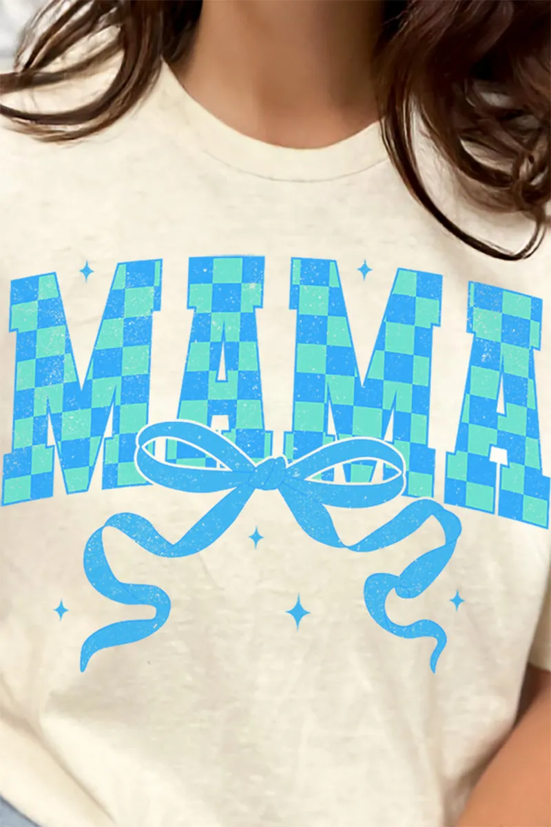 Aqua Checkered Arched Mama Short Sleeve Relaxed Fit T-Shirt