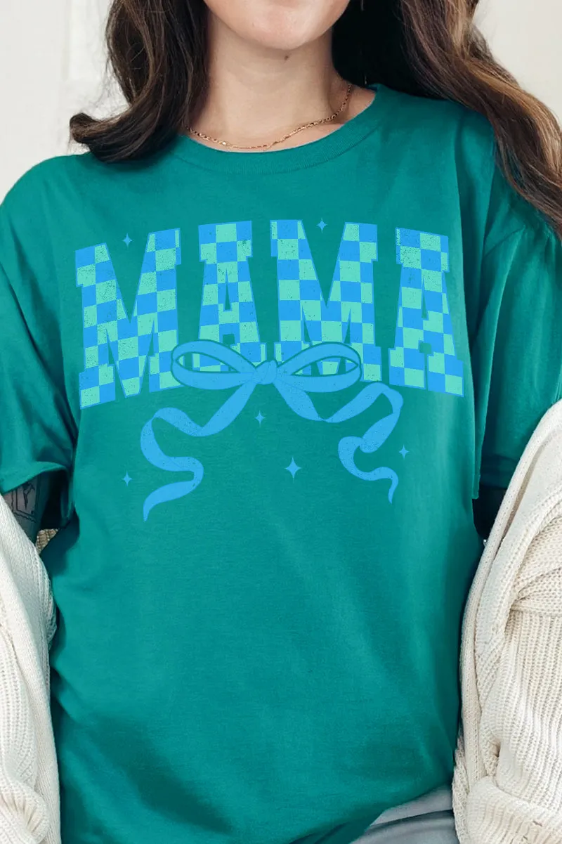 Aqua Checkered Arched Mama Short Sleeve Relaxed Fit T-Shirt
