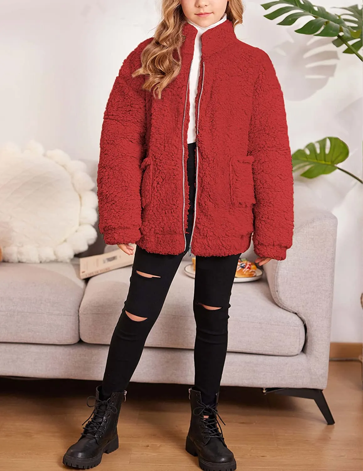 Arshiner Girls Full Zip Fleece Jacket Sherpa Outwear Coat