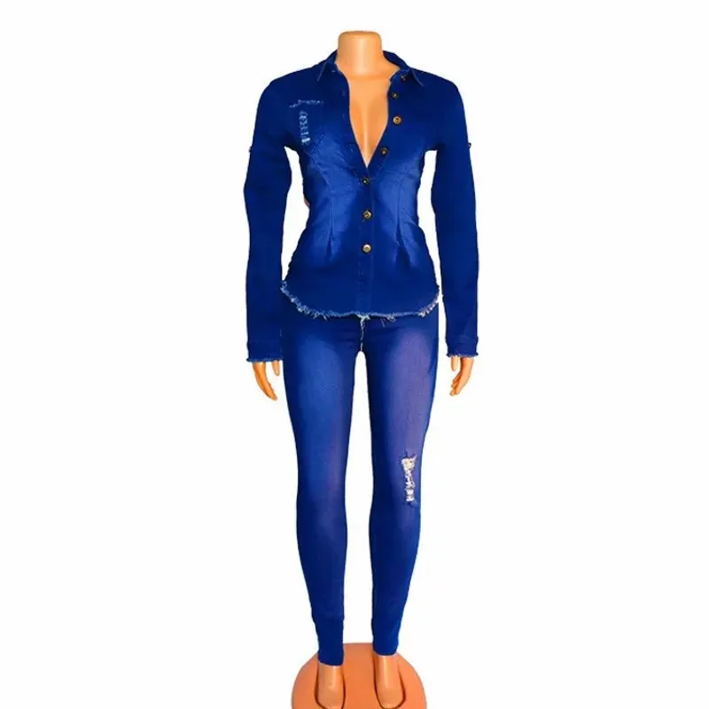 Autumn Winter Fashion: 2PC Denim African Clothing Set for Women - Jeans Long Sleeve Shirt and Pants Matching Ensemble