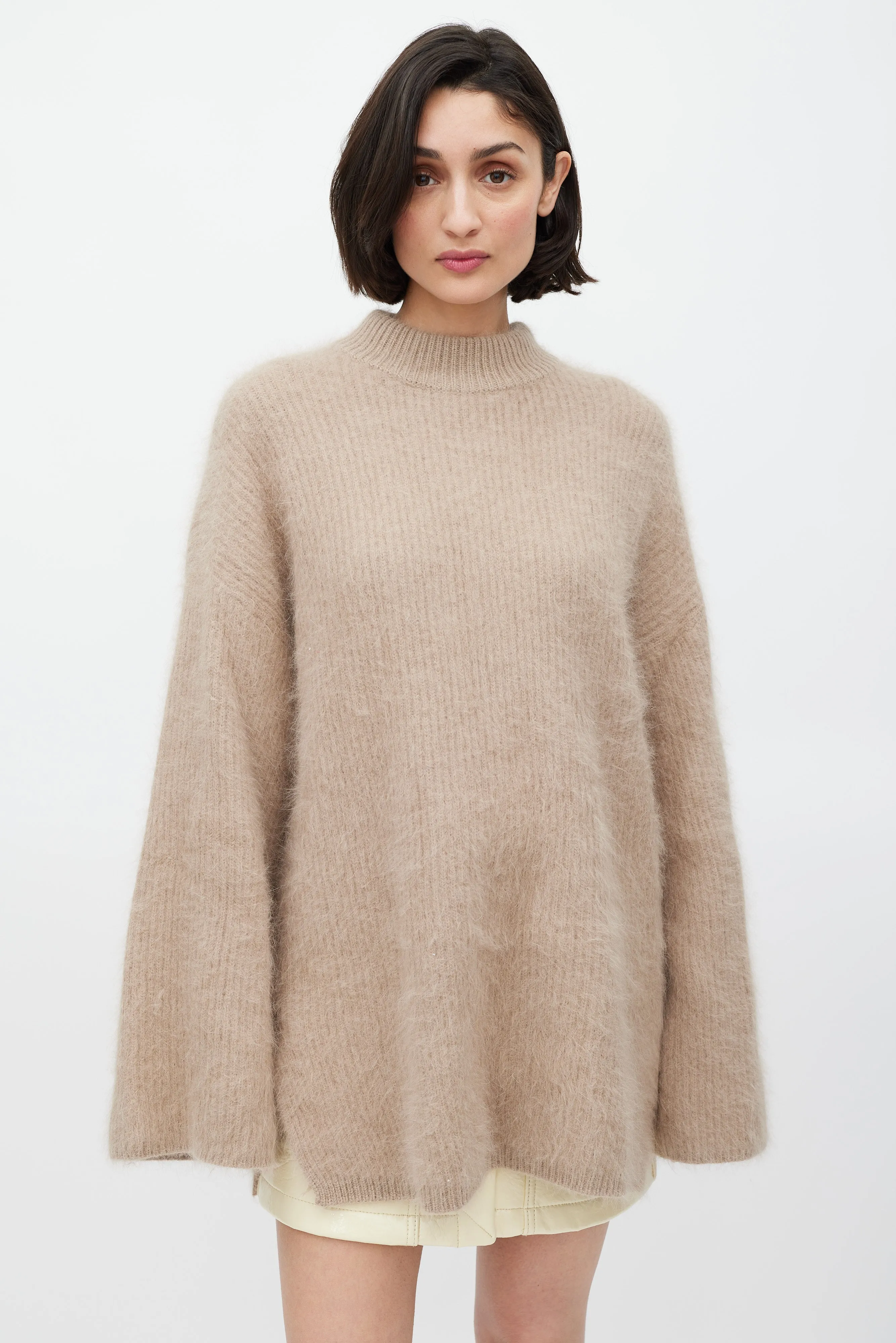 Beige Fuzzy Mock Neck Sweater