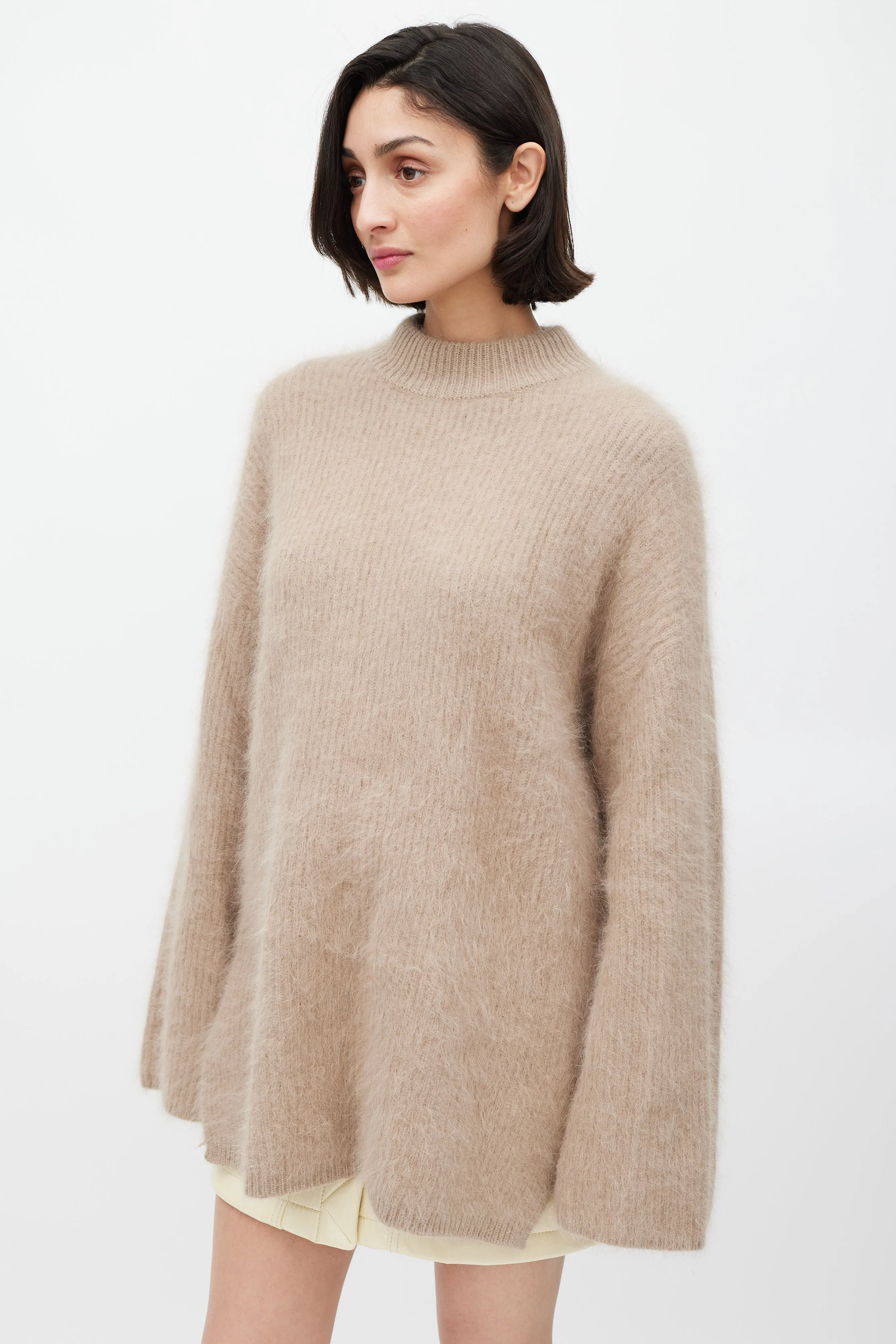 Beige Fuzzy Mock Neck Sweater