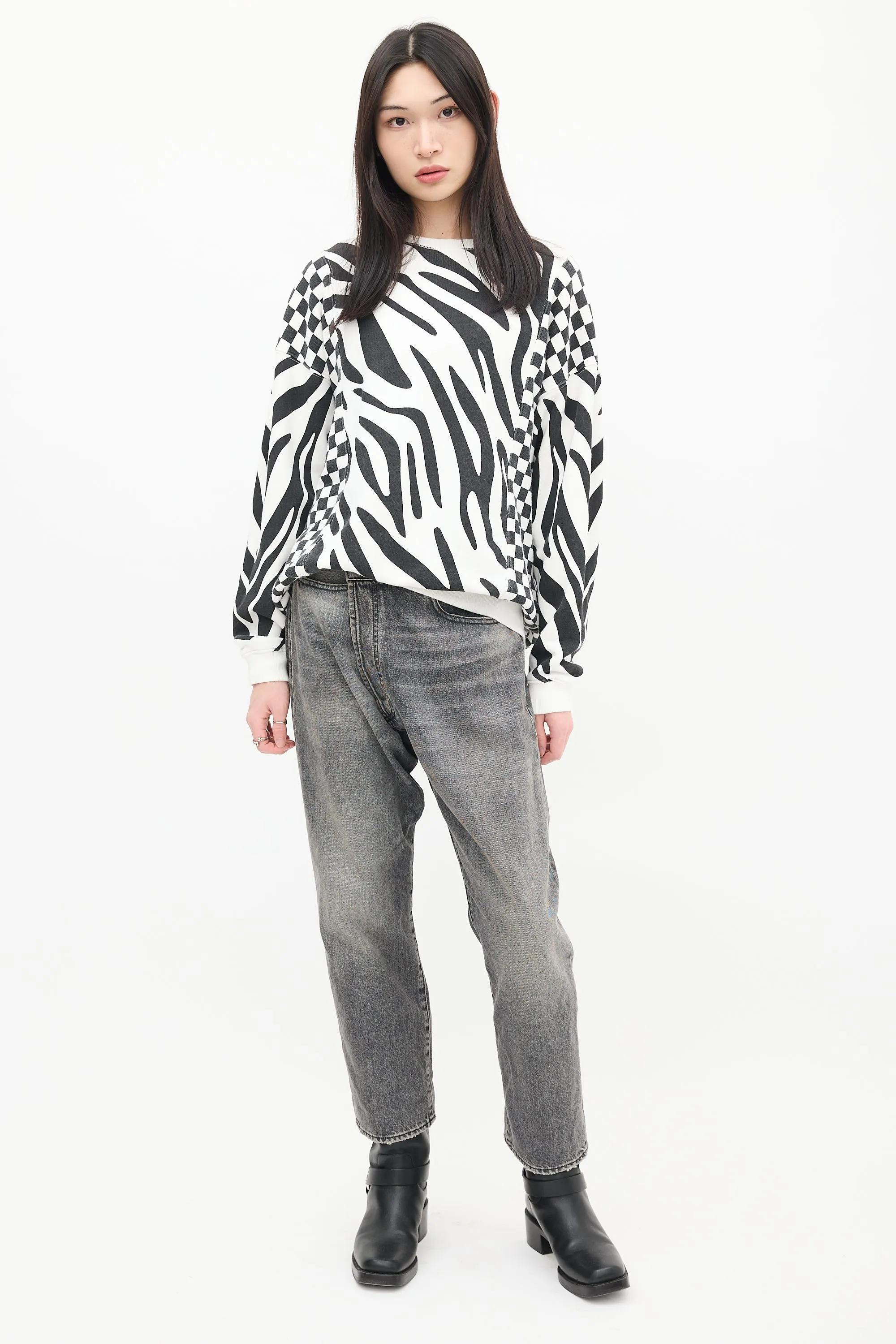 Black & White Printed Oversized Crewneck Sweater