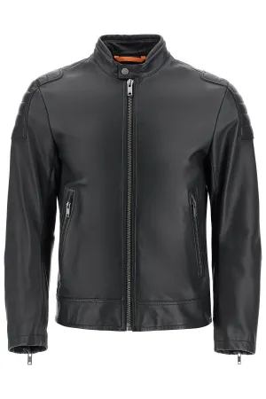 BLACK LEATHER JACKET WITH HIGH COLLAR AND QUILTED DETAILS