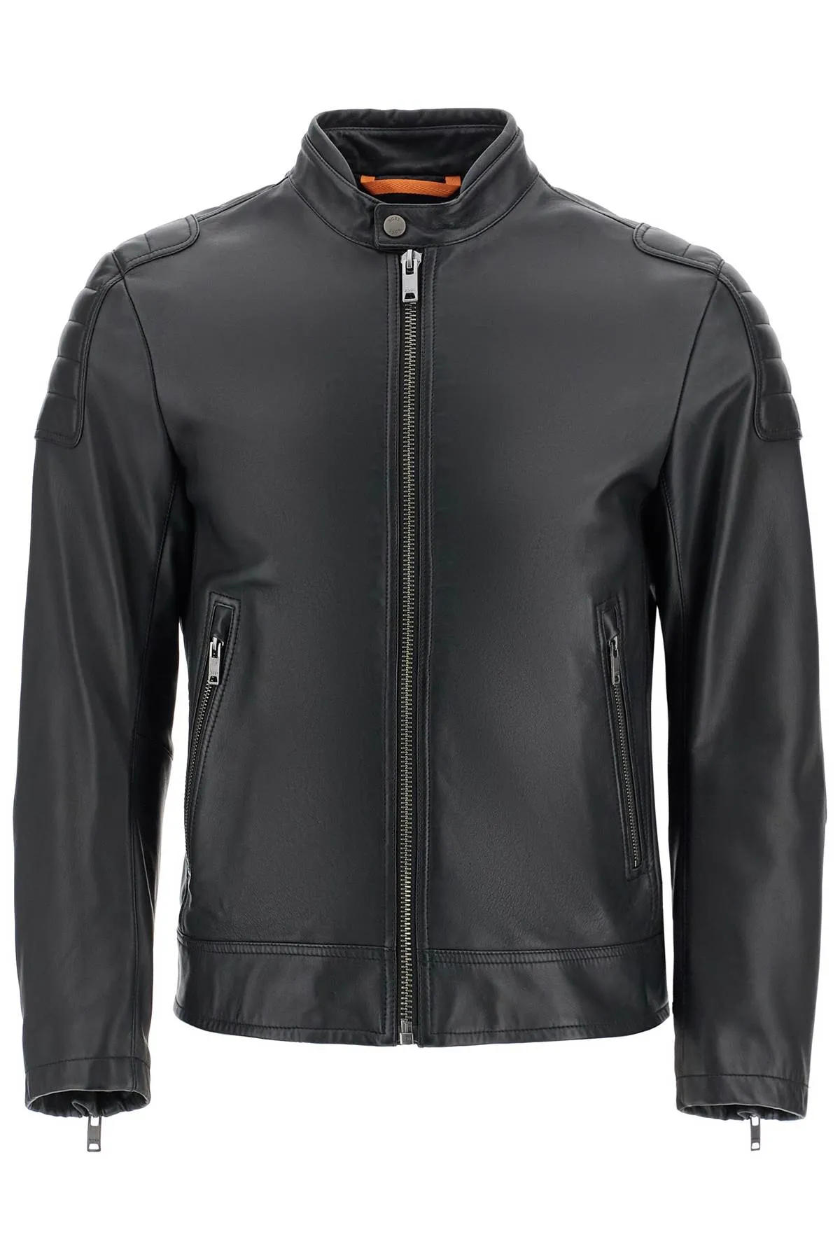 BLACK LEATHER JACKET WITH HIGH COLLAR AND QUILTED DETAILS