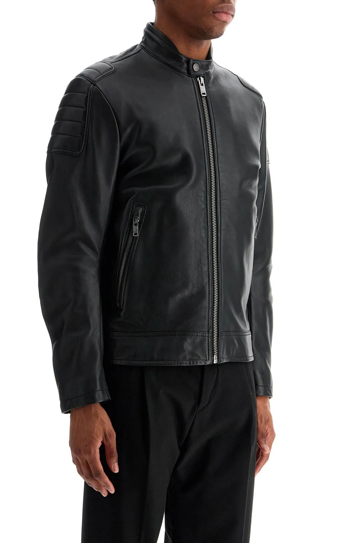 BLACK LEATHER JACKET WITH HIGH COLLAR AND QUILTED DETAILS