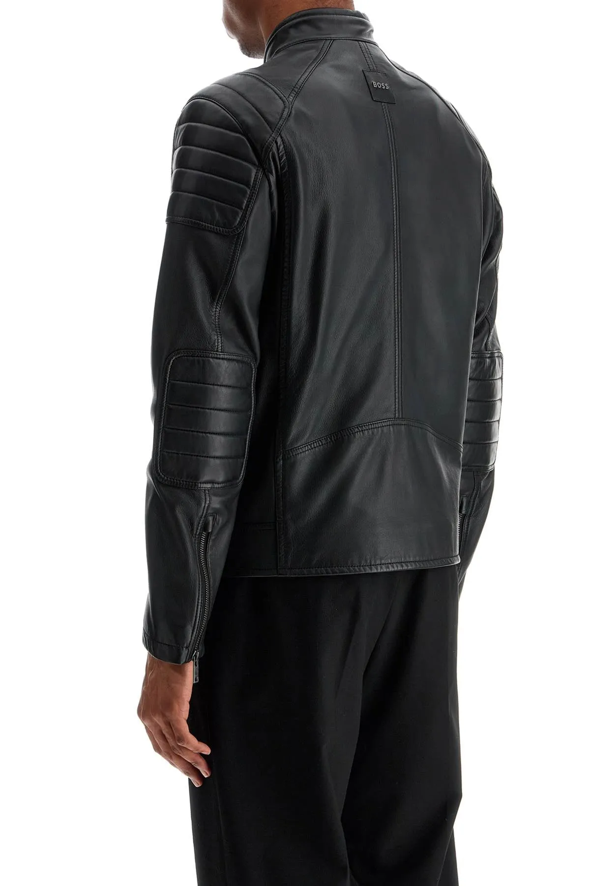 BLACK LEATHER JACKET WITH HIGH COLLAR AND QUILTED DETAILS