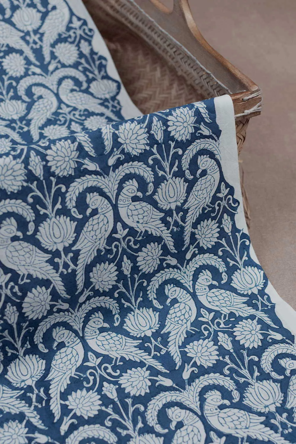 Blue Sanganeri Cotton Fabric with Peacock print