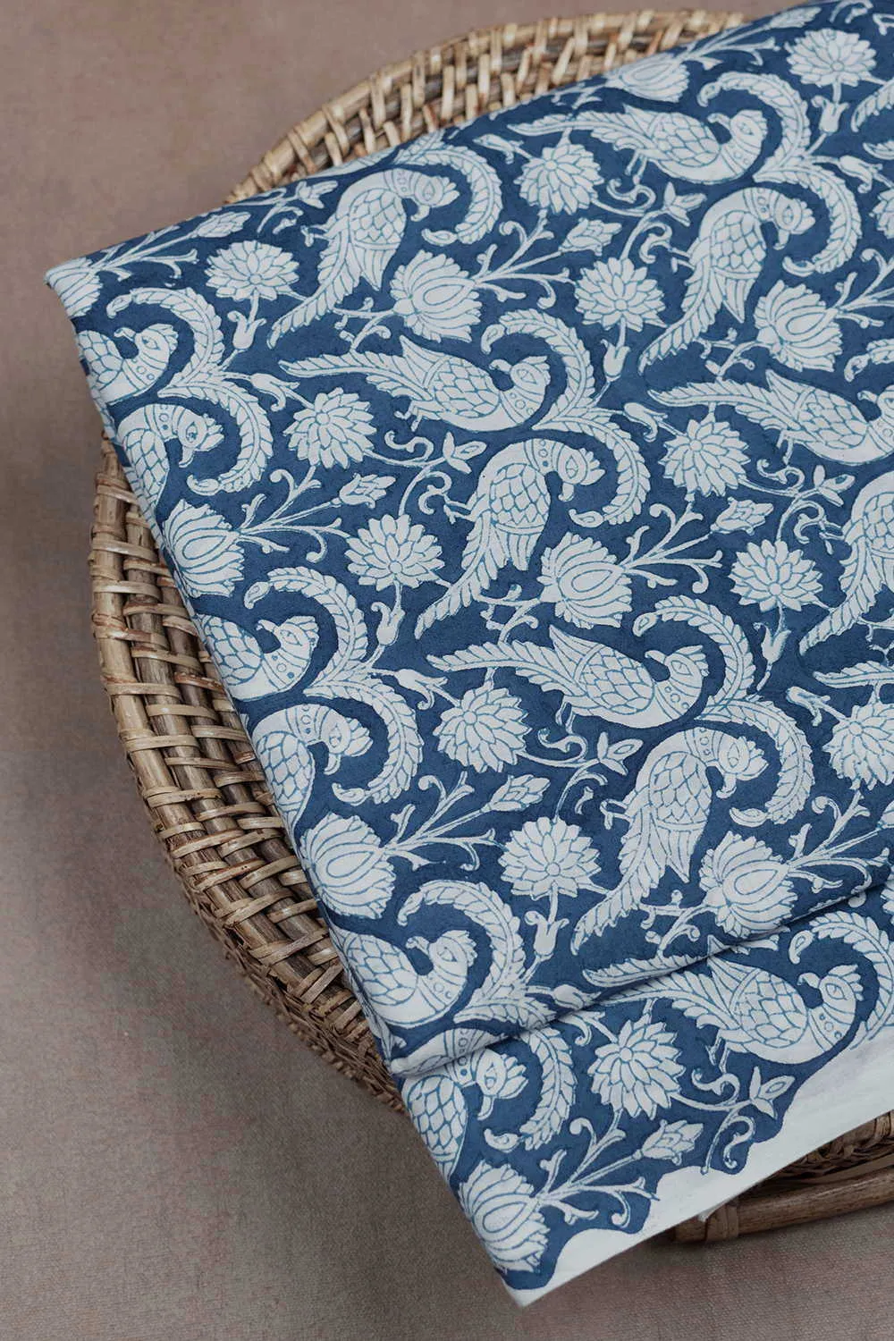 Blue Sanganeri Cotton Fabric with Peacock print