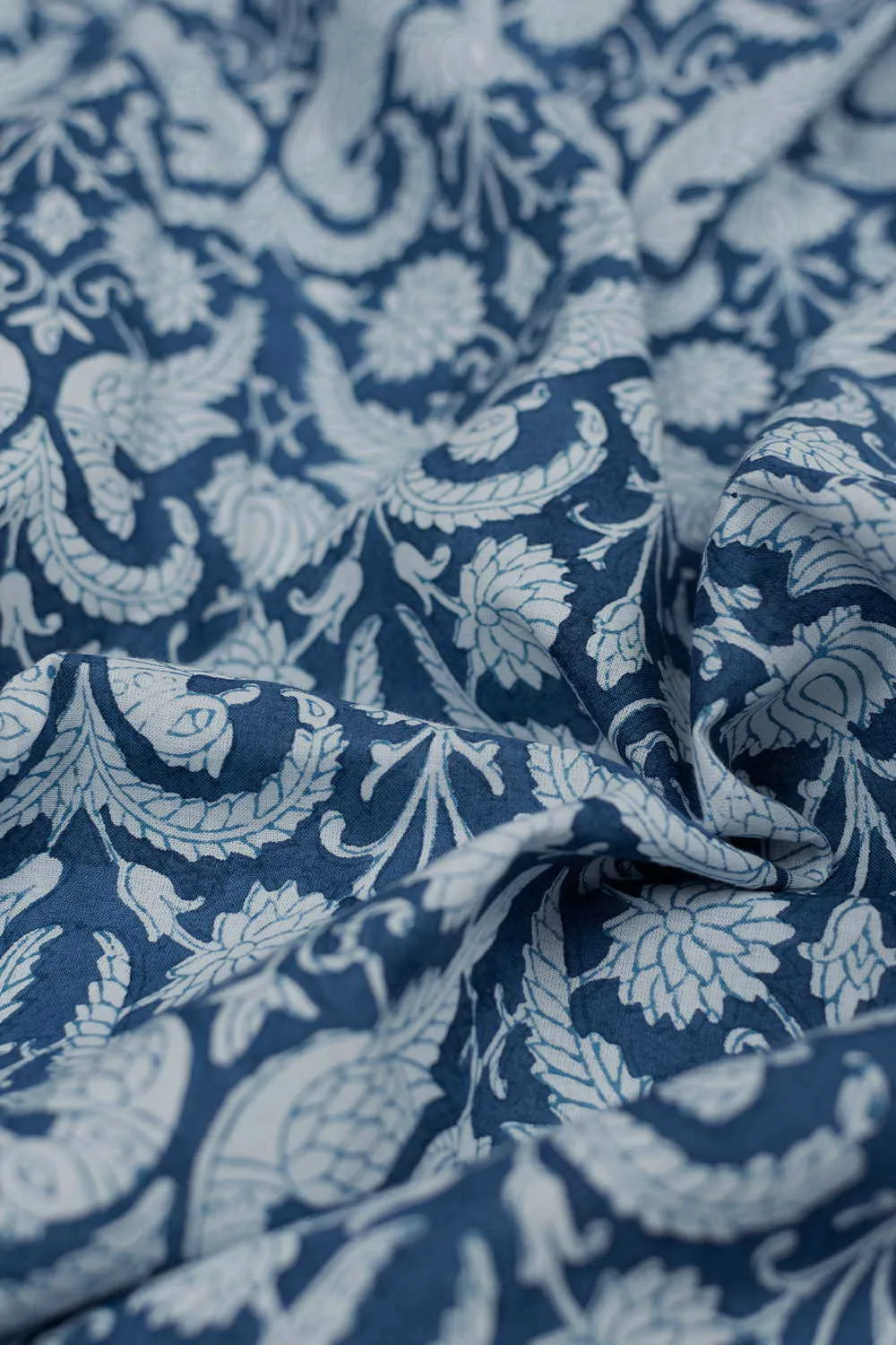 Blue Sanganeri Cotton Fabric with Peacock print