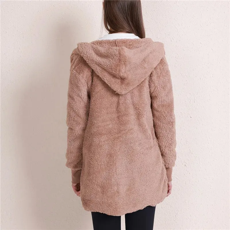 Cozy Women's Oversized Faux Fur Hooded Jacket - Plush Long Sleeve Winter Coat in Classic Black