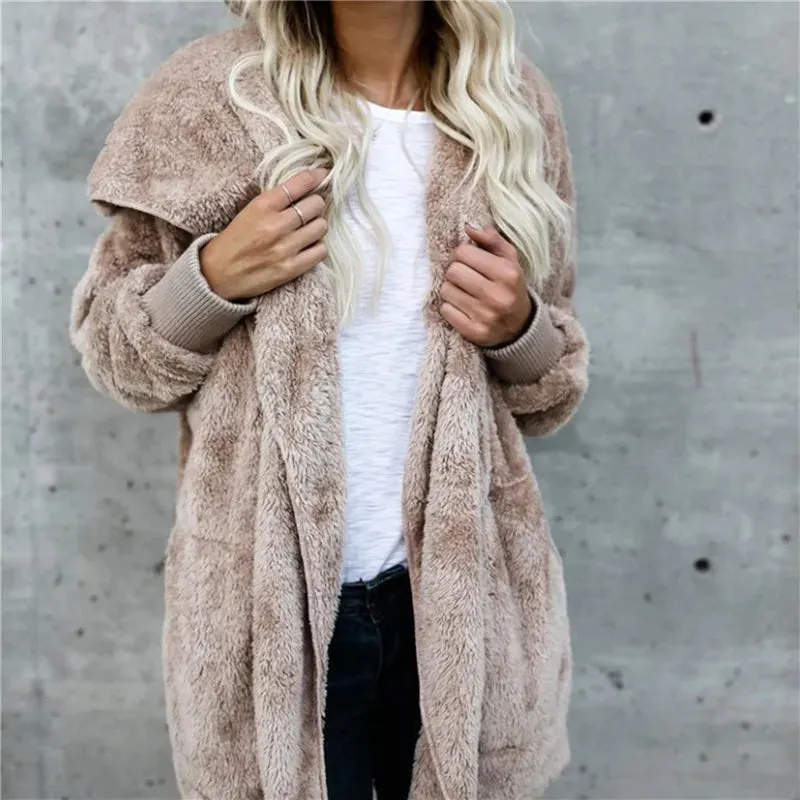 Cozy Women's Oversized Faux Fur Hooded Jacket - Plush Long Sleeve Winter Coat in Classic Black