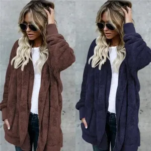 Cozy Women's Oversized Faux Fur Hooded Jacket - Plush Long Sleeve Winter Coat in Classic Black