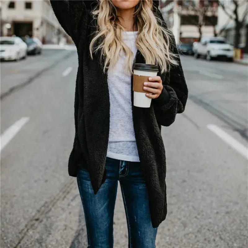 Cozy Women's Oversized Faux Fur Hooded Jacket - Plush Long Sleeve Winter Coat in Classic Black