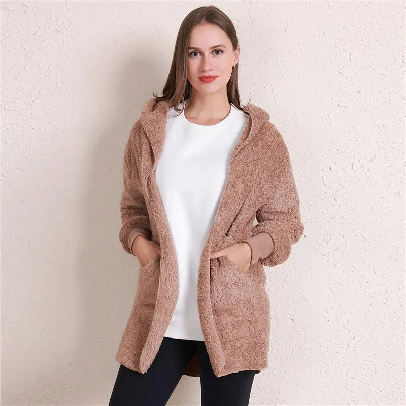 Cozy Women's Oversized Faux Fur Hooded Jacket - Plush Long Sleeve Winter Coat in Classic Black