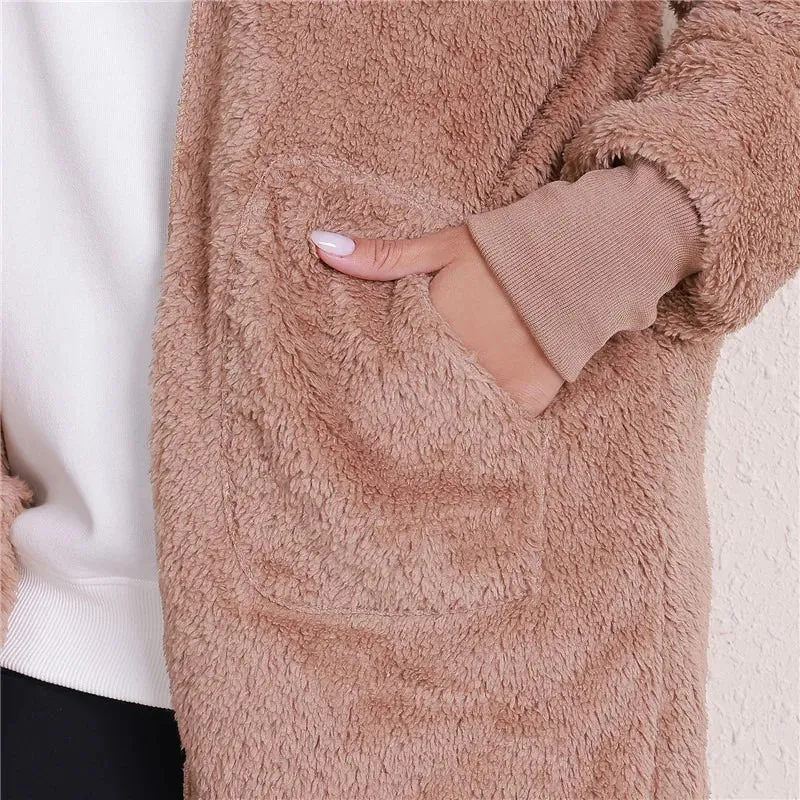 Cozy Women's Oversized Faux Fur Hooded Jacket - Plush Long Sleeve Winter Coat in Classic Black