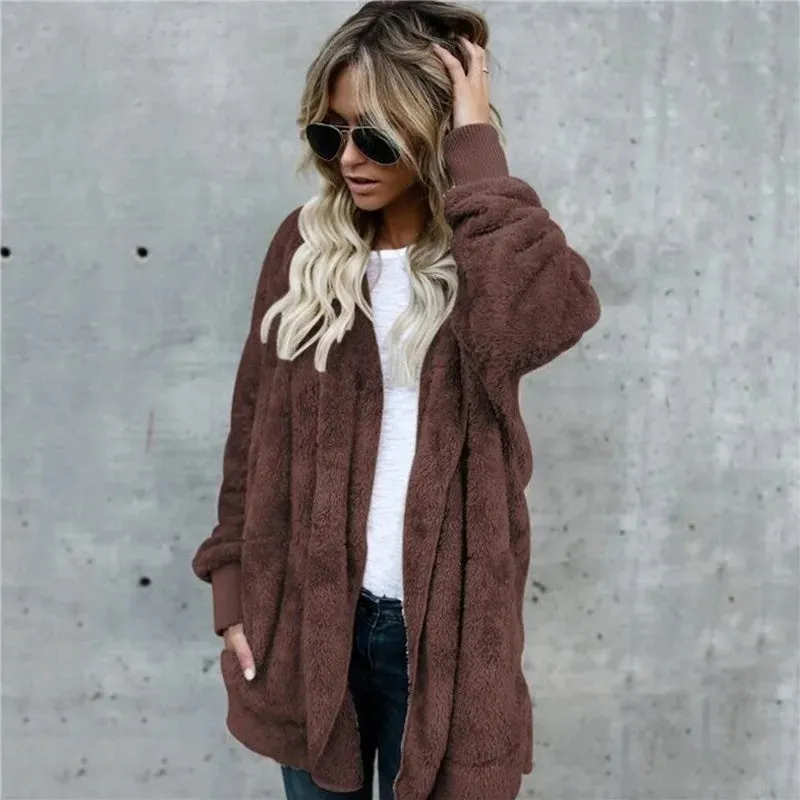 Cozy Women's Oversized Faux Fur Hooded Jacket - Plush Long Sleeve Winter Coat in Classic Black