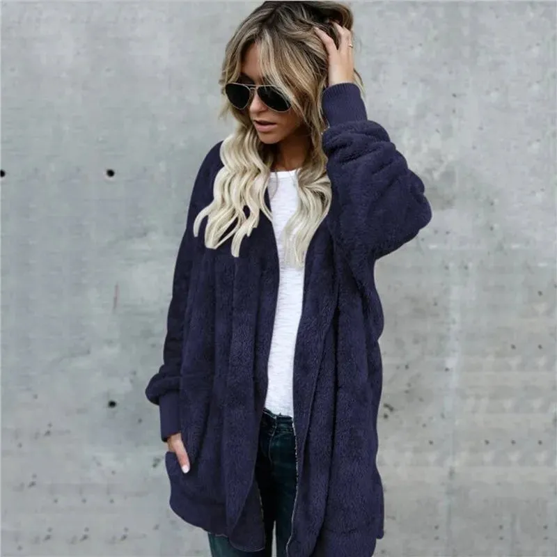Cozy Women's Oversized Faux Fur Hooded Jacket - Plush Long Sleeve Winter Coat in Classic Black