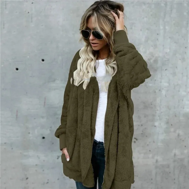 Cozy Women's Oversized Faux Fur Hooded Jacket - Plush Long Sleeve Winter Coat in Classic Black