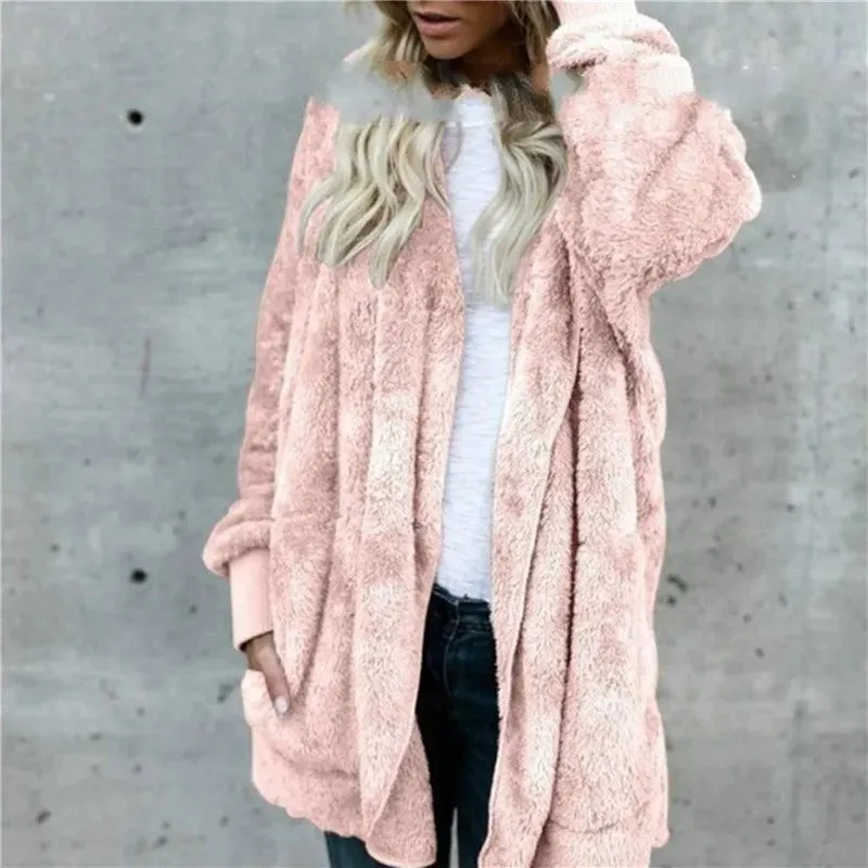 Cozy Women's Oversized Faux Fur Hooded Jacket - Plush Long Sleeve Winter Coat in Classic Black