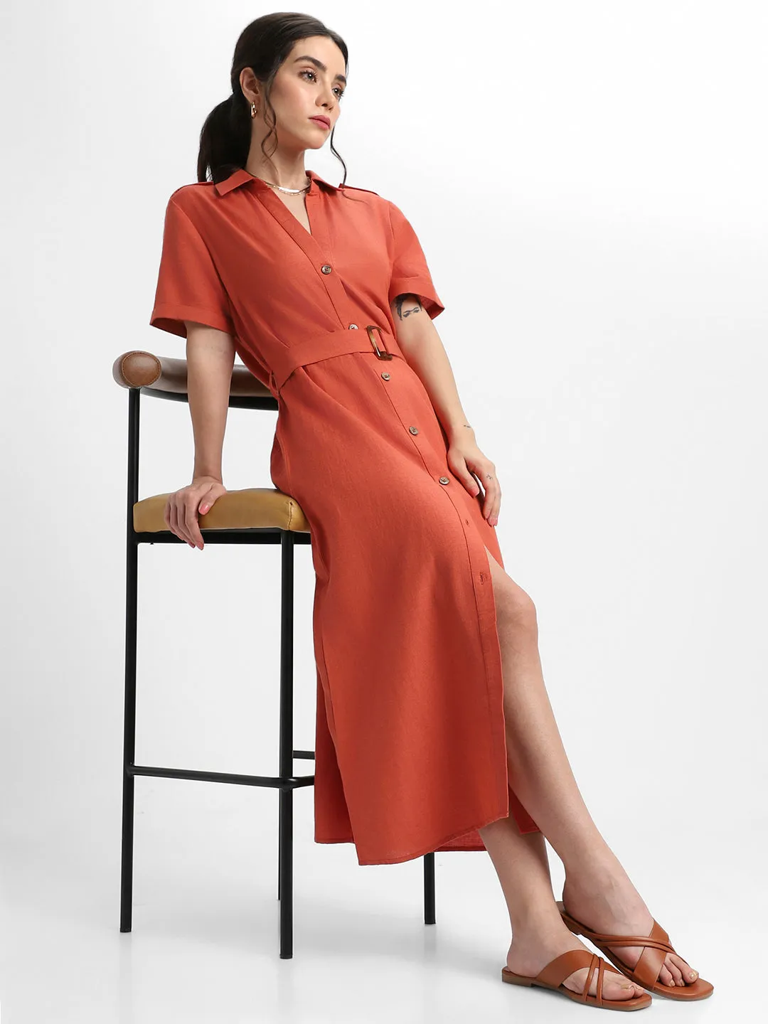 DL Woman Shirt Collar Solid Rust A-Line Dress