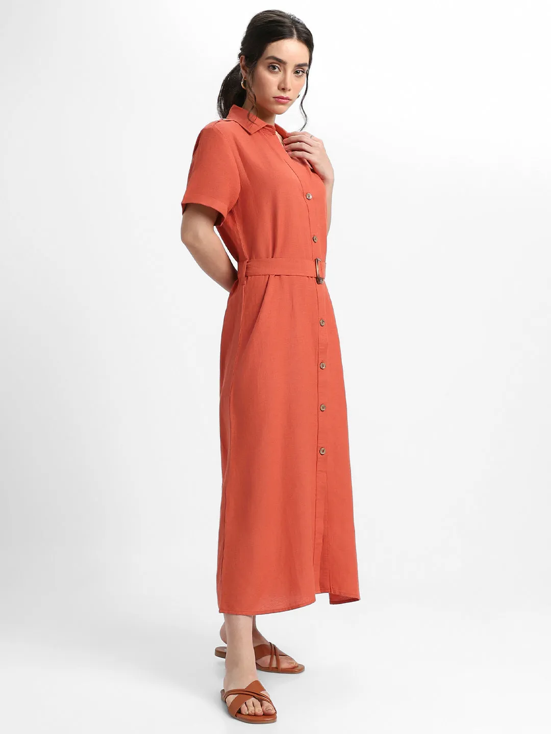 DL Woman Shirt Collar Solid Rust A-Line Dress