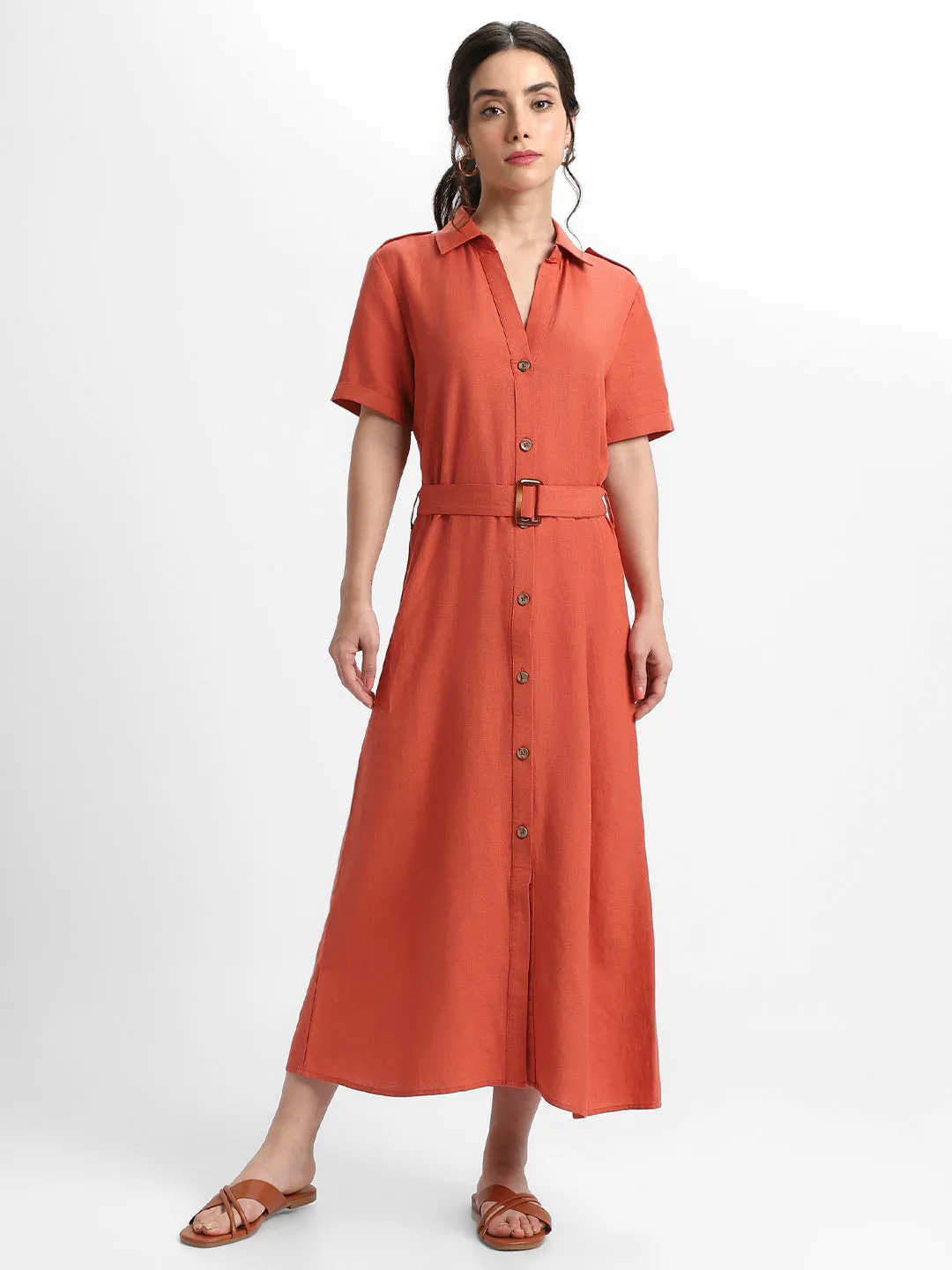 DL Woman Shirt Collar Solid Rust A-Line Dress