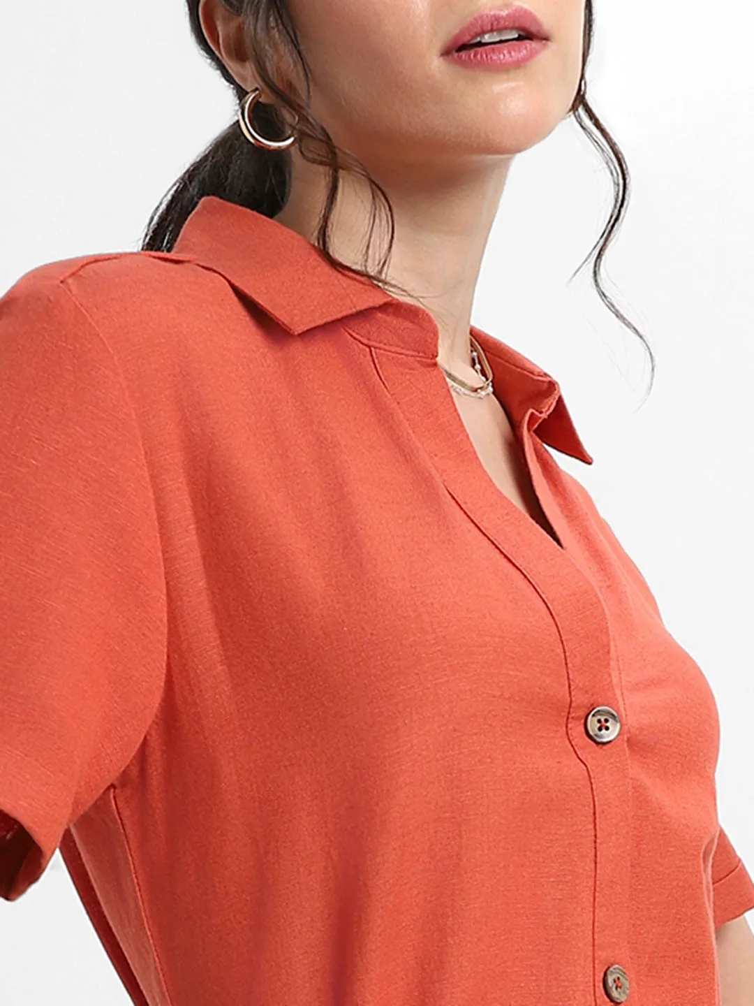 DL Woman Shirt Collar Solid Rust A-Line Dress