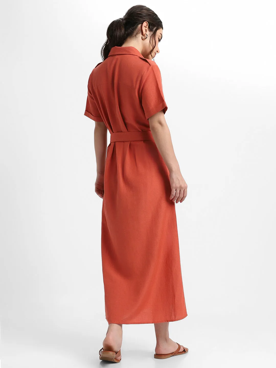 DL Woman Shirt Collar Solid Rust A-Line Dress