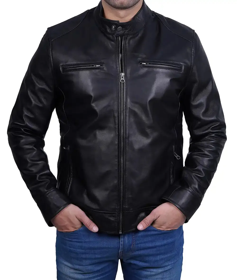 Dodge Men's Black Café Racer Leather Jacket