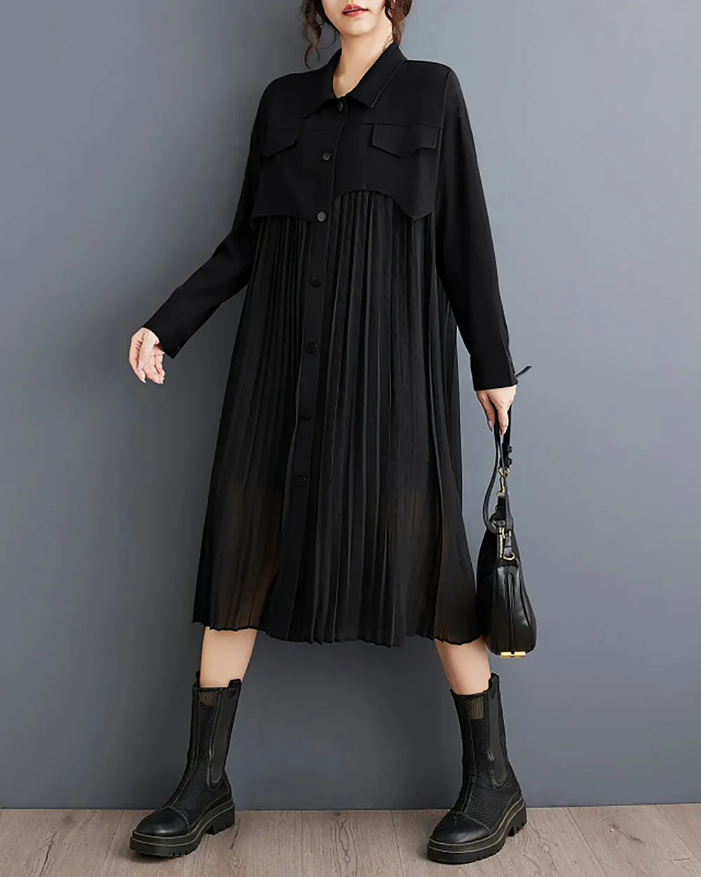 ellazhu Women's Dress Long Sleeve Lapel Button Down Flowy Hem String Solid Patchwork Loose GZ298