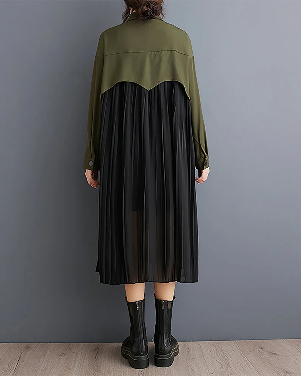 ellazhu Women's Dress Long Sleeve Lapel Button Down Flowy Hem String Solid Patchwork Loose GZ298