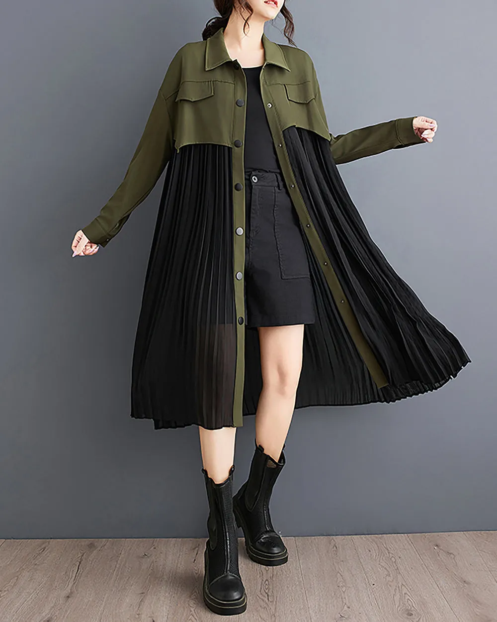 ellazhu Women's Dress Long Sleeve Lapel Button Down Flowy Hem String Solid Patchwork Loose GZ298
