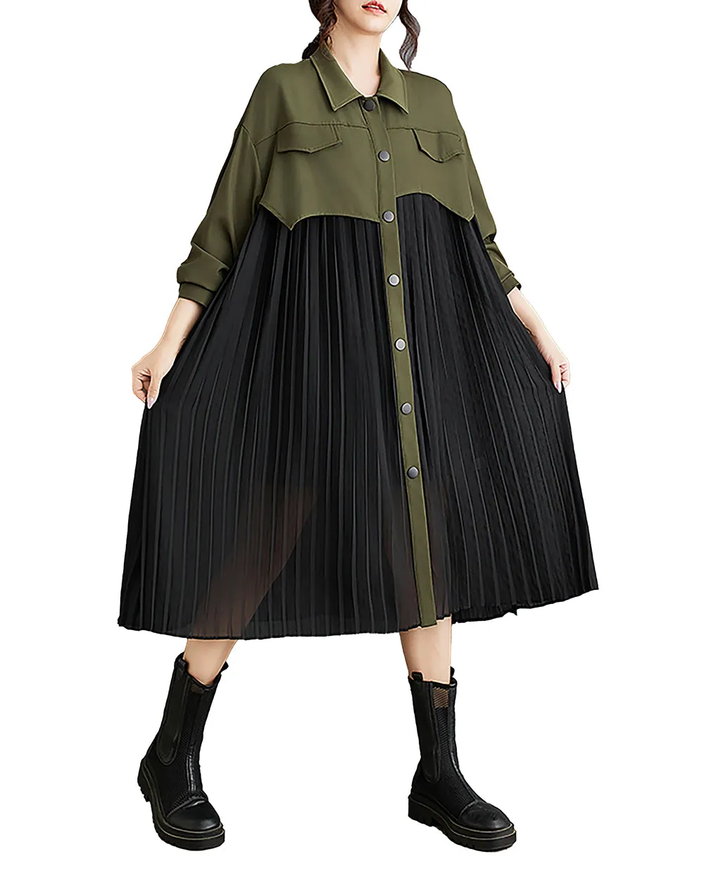 ellazhu Women's Dress Long Sleeve Lapel Button Down Flowy Hem String Solid Patchwork Loose GZ298