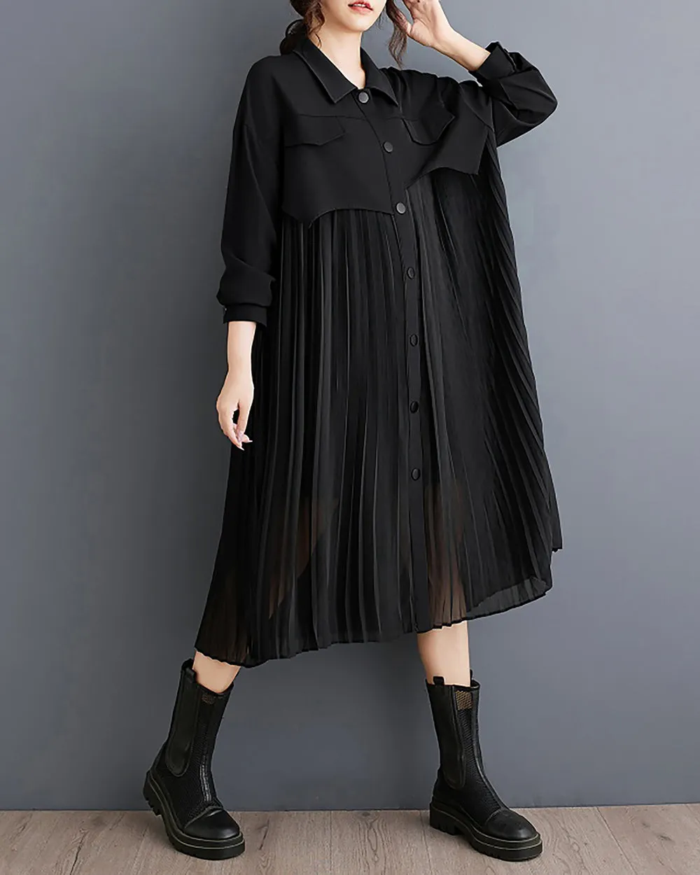ellazhu Women's Dress Long Sleeve Lapel Button Down Flowy Hem String Solid Patchwork Loose GZ298