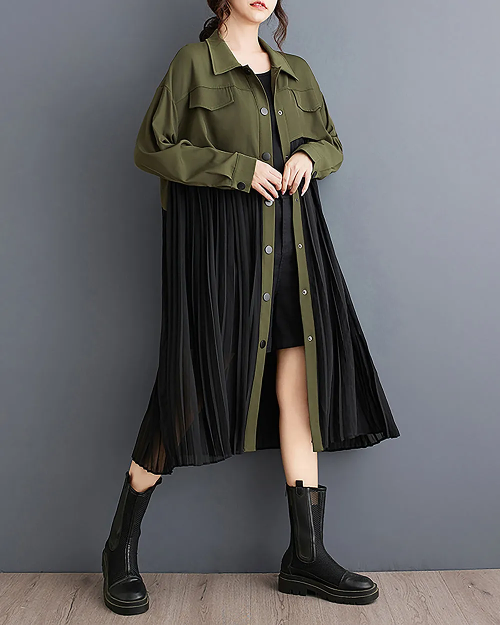 ellazhu Women's Dress Long Sleeve Lapel Button Down Flowy Hem String Solid Patchwork Loose GZ298
