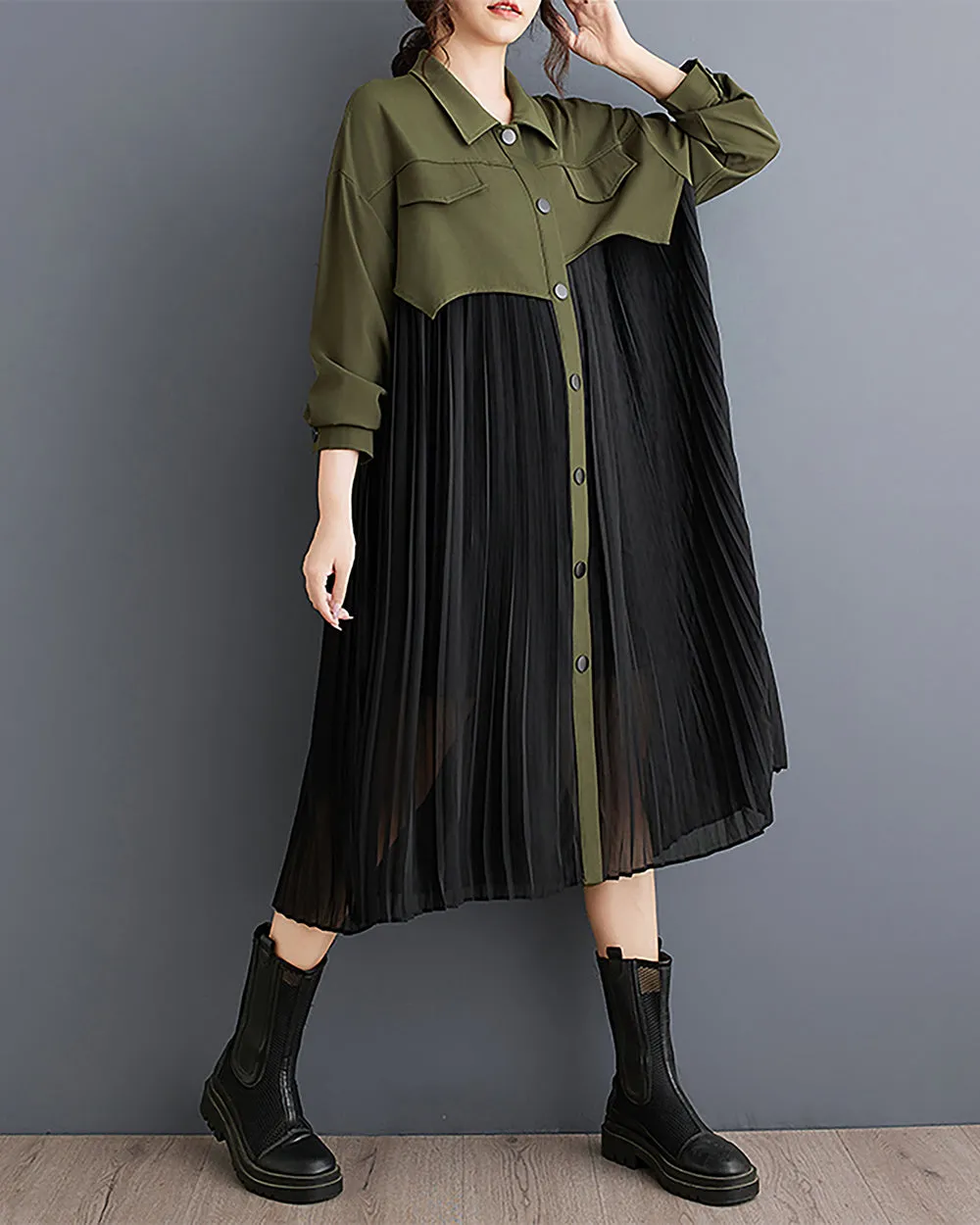 ellazhu Women's Dress Long Sleeve Lapel Button Down Flowy Hem String Solid Patchwork Loose GZ298