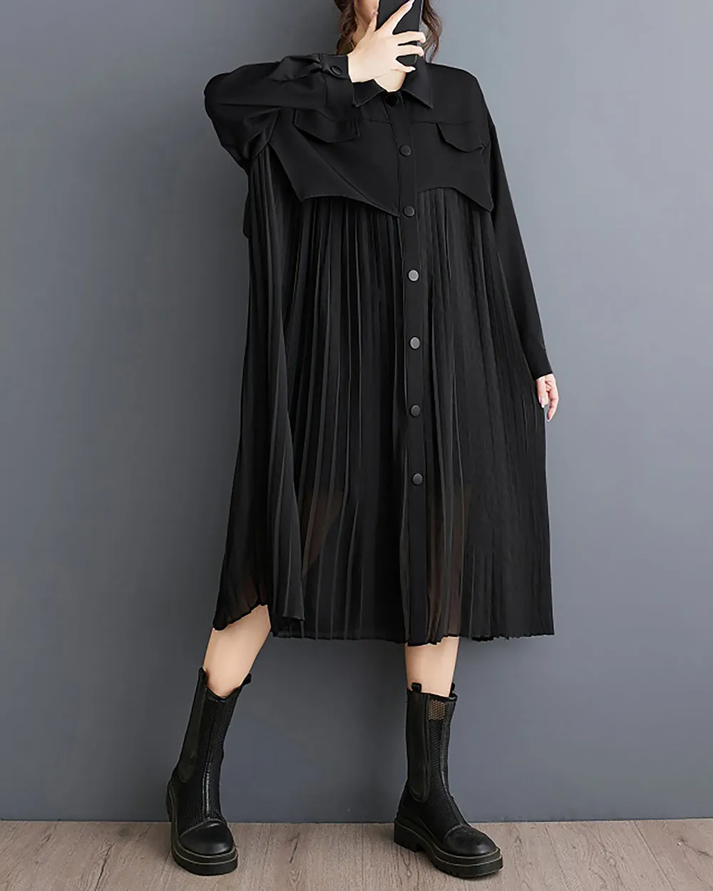 ellazhu Women's Dress Long Sleeve Lapel Button Down Flowy Hem String Solid Patchwork Loose GZ298