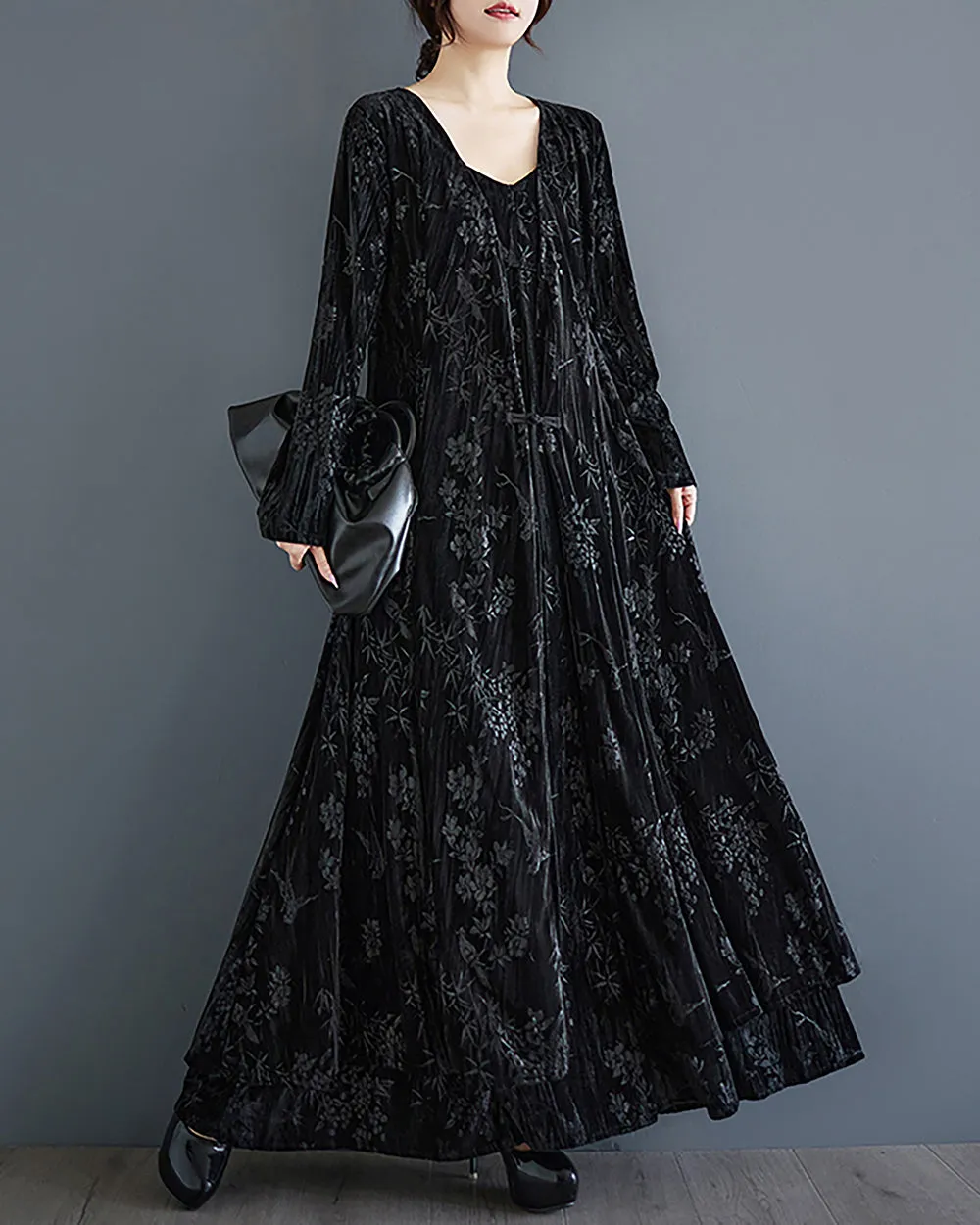 ellazhu Women's Dress Long Sleeve V-Neck Flowy Hem Floral Black Length to Ankle Loose Oversize GZ290