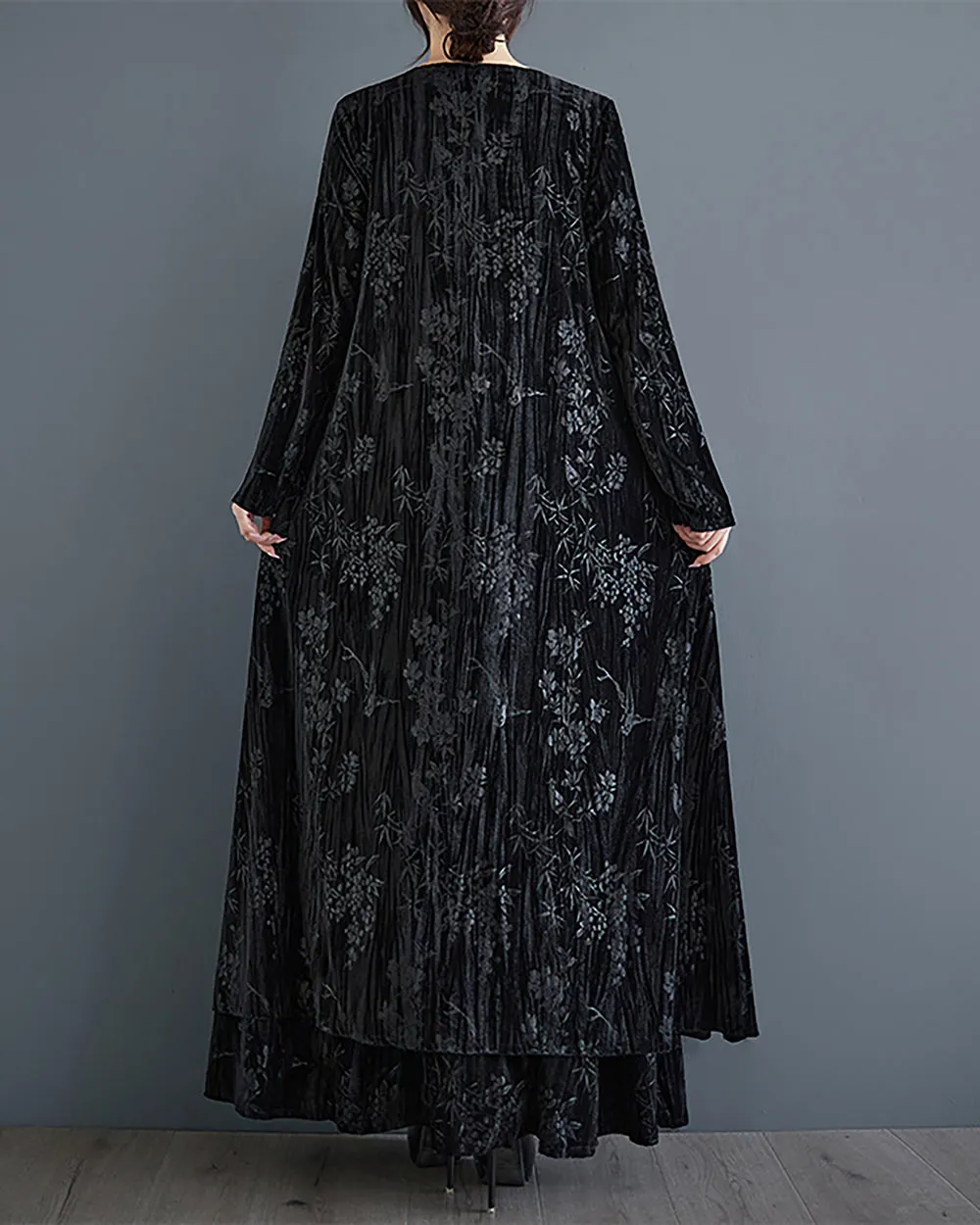 ellazhu Women's Dress Long Sleeve V-Neck Flowy Hem Floral Black Length to Ankle Loose Oversize GZ290