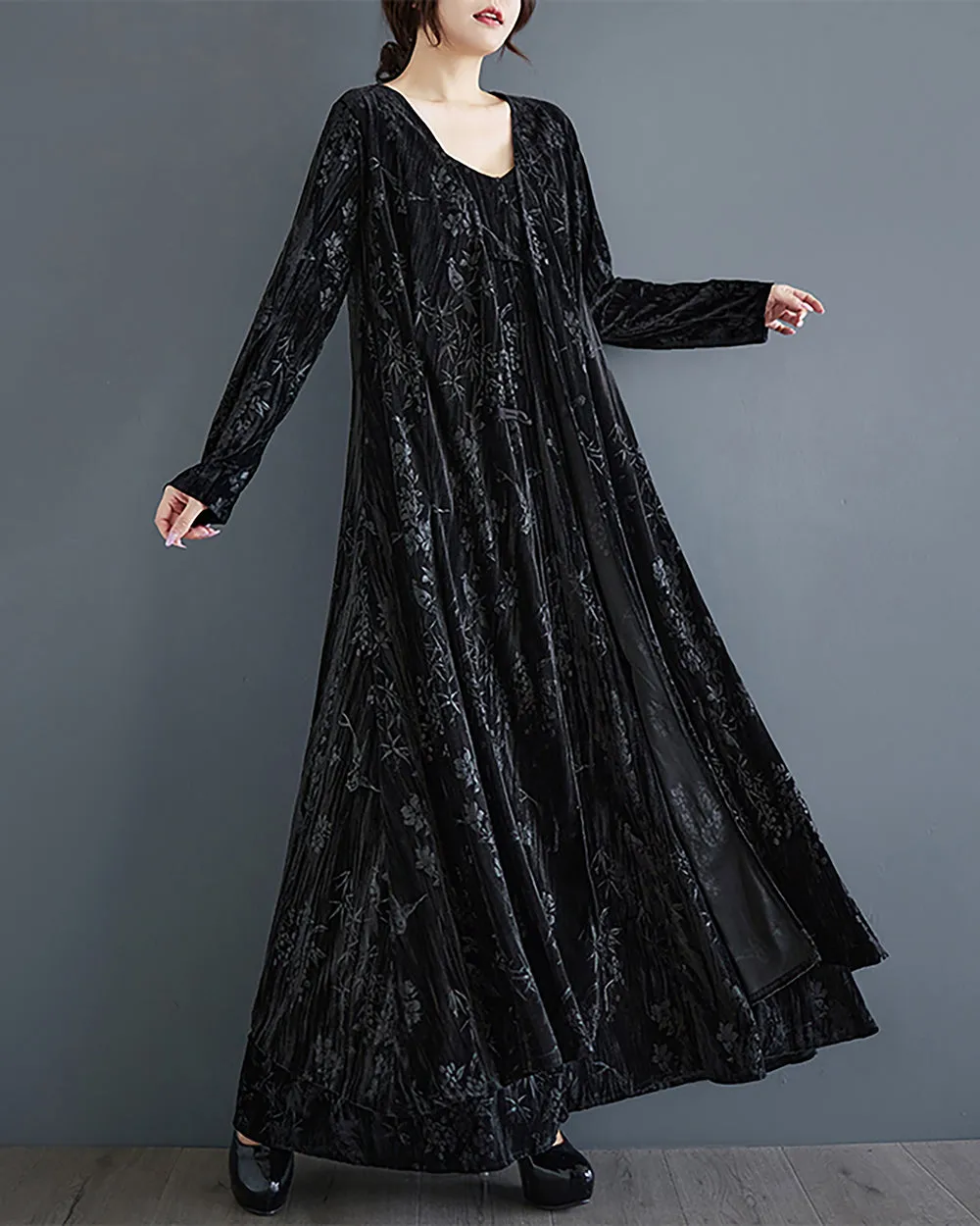 ellazhu Women's Dress Long Sleeve V-Neck Flowy Hem Floral Black Length to Ankle Loose Oversize GZ290