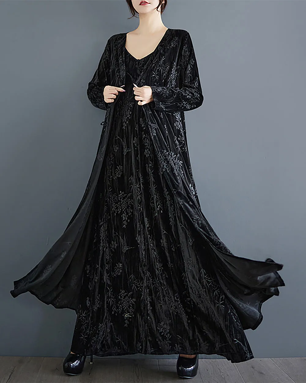 ellazhu Women's Dress Long Sleeve V-Neck Flowy Hem Floral Black Length to Ankle Loose Oversize GZ290