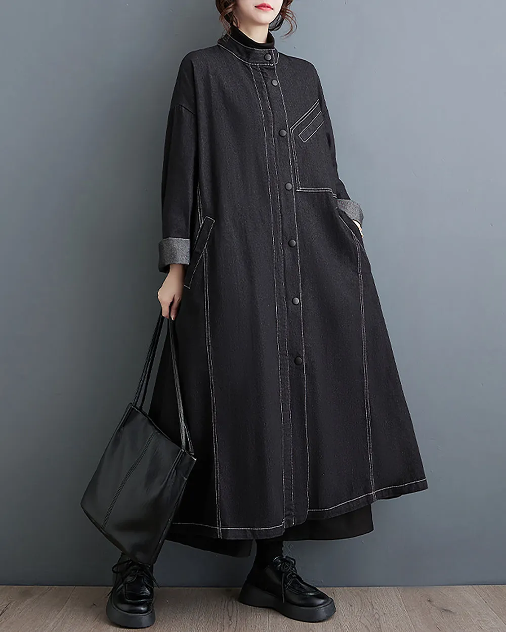 ellazhu Women's Shirt Dress Button Down Long Sleeve Solid Black String Two Side Pockets Flowy Hem Fall GZ251