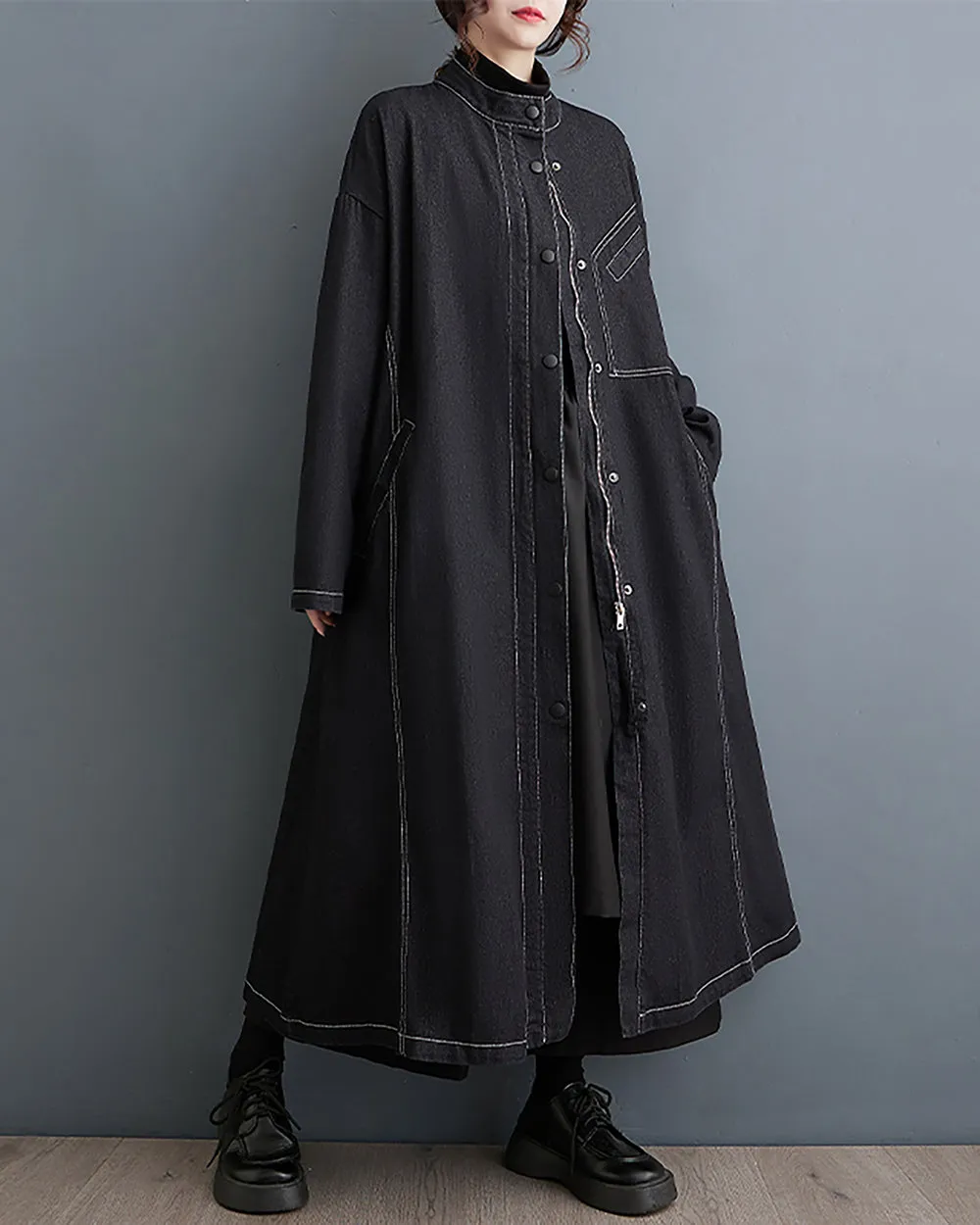 ellazhu Women's Shirt Dress Button Down Long Sleeve Solid Black String Two Side Pockets Flowy Hem Fall GZ251
