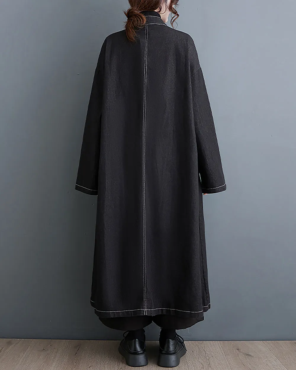 ellazhu Women's Shirt Dress Button Down Long Sleeve Solid Black String Two Side Pockets Flowy Hem Fall GZ251