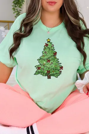 Faux Sequin Christmas Tree Transfer Short Sleeve Relaxed Fit T-Shirt